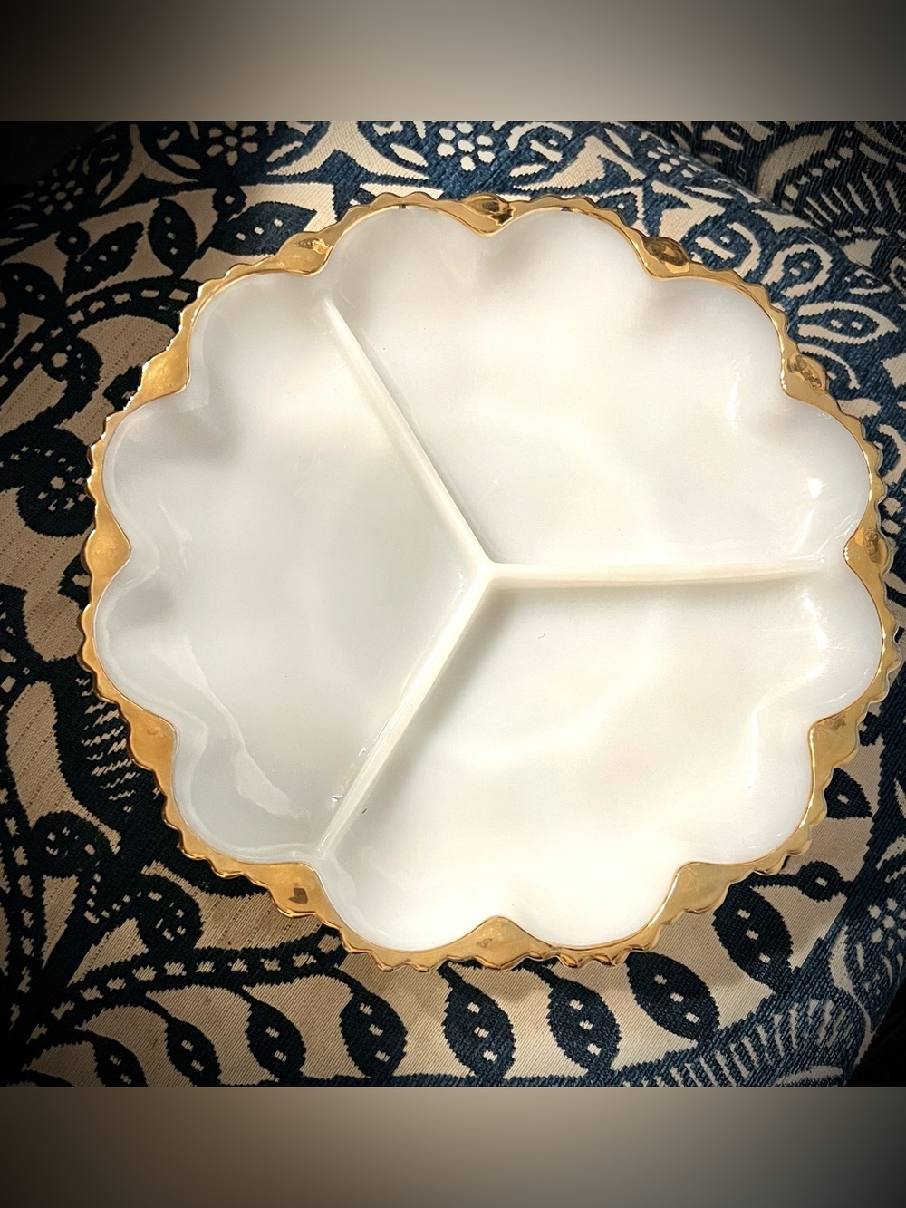 Vintage Hocking Milk Glass Divided Serving Plate with gold trim.